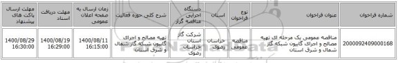 مناقصه عمومی یک مرحله ای تهیه مصالح و اجرای گابیون شبکه گاز شمال و شرق استان