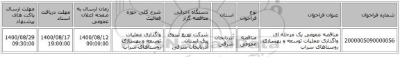 مناقصه عمومی یک مرحله ای واگذاری عملیات توسعه و یهسازی روستاهای سراب