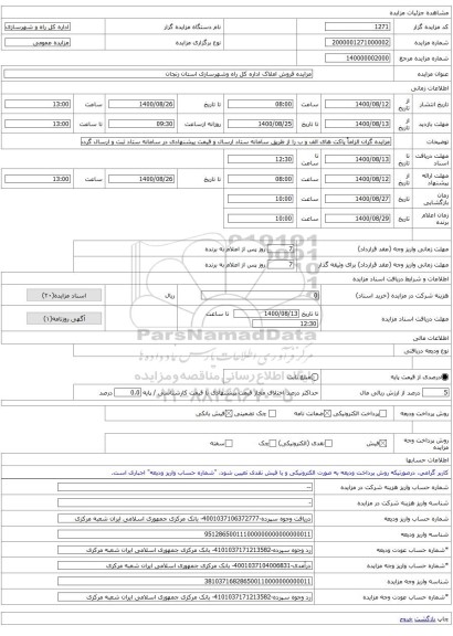 مزایده فروش املاک اداره کل راه وشهرسازی استان زنجان
