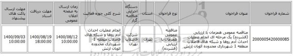 مناقصه عمومی همزمان با ارزیابی (فشرده) یک مرحله ای انجام عملیات احداث آدم روها و شبکه های فاضلاب منطقه 1 شهرداری محدوده اتوبان ارتش 