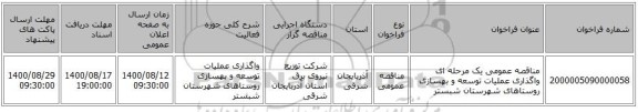 مناقصه عمومی یک مرحله ای واگذاری عملیات توسعه و بهسازی روستاهای شهرستان شبستر