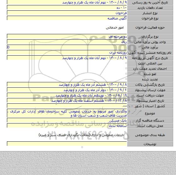 واگذاری امور مربوط به خدمات عمومی کلیه ساختمان های ادارات کل مرکزی ، مدیریت های شعب و شعب استان ها و