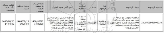 مناقصه عمومی دو مرحله ای  نوبت دوم   خرید یک دستگاهC-ARMدیجیتال (تولید داخل) جهت بیمارستان شهید مصطفی خمینی بهبهان