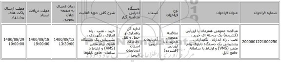 مناقصه عمومی همزمان با ارزیابی (فشرده) یک مرحله ای خرید ، نصب ، راه اندازی ، نگهداری ، پشتیبانی یک دستگاه تابلوی پیام متغیر (VMS) و ارتباط با سامانه جامع تابل