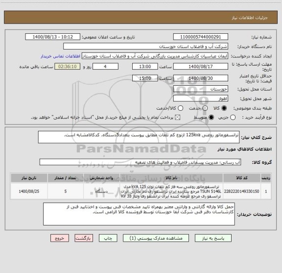 استعلام ترانسفورماتور روغنی 125kva ازنوع کم تلفات مطابق پیوست بتعداد5دستگاه. کدکالامشابه است.