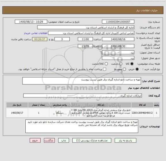 استعلام تهیه و ساخت تابلو اندازه گیری برق طبق لیست پیوست 