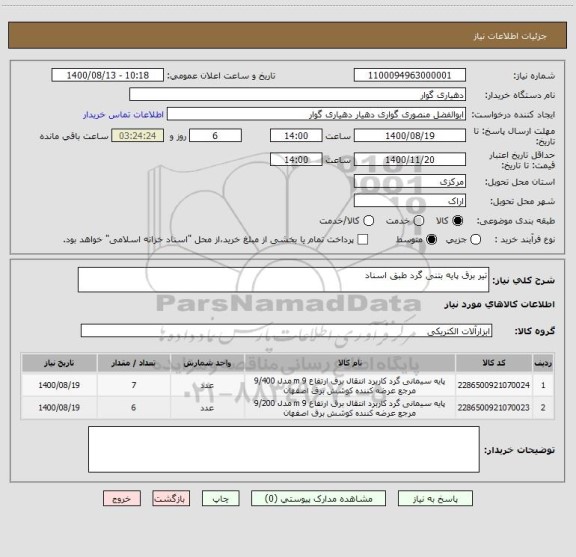استعلام تیر برق پایه بتنی گرد طبق اسناد