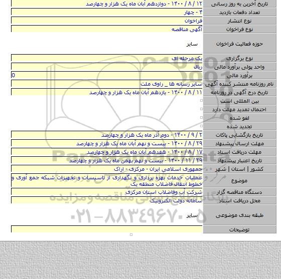 عملیات خدمات بهره برداری و نگهداری از تاسیسات و تجهیزات شبکه جمع آوری و خطوط انتقال فاضلاب منطقه یک