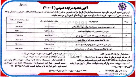 تجدید مزایده، تجدید مزایده اجاره 50 متر مربع از عرصه آرامستان...