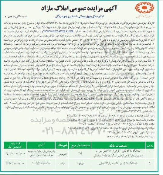 مزایده مزایده فروش املاک مازاد 174 و 158.5 مترمربع