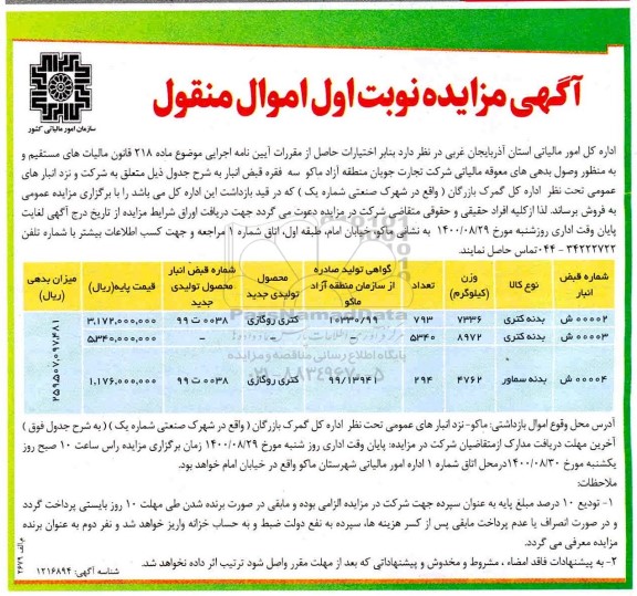 مزایده نوبت اول اموال منقول