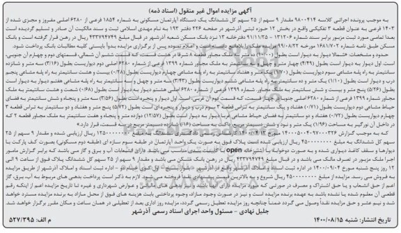 مزایده مزایده مقدار 9 سهم از 25 سهم کل ششدانگ آپارتمان 