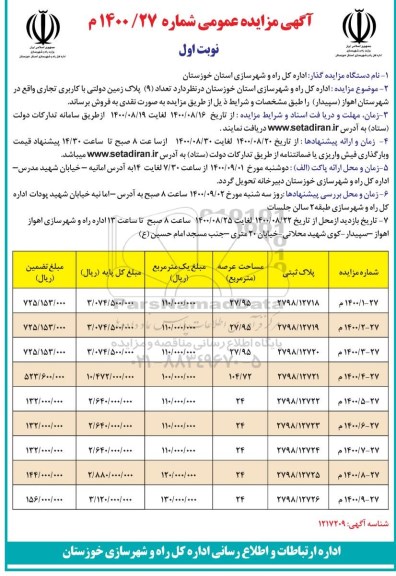 مزایده مزایده فروش 9 پلاک زمین با کاربری تجاری نوبت اول