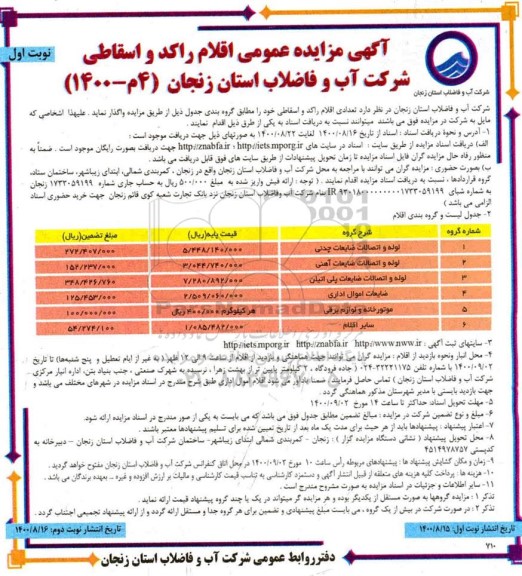 مزایده عمومی، مزایده عمومی فروش تعدادی اقلام راکد و اسقاطی
