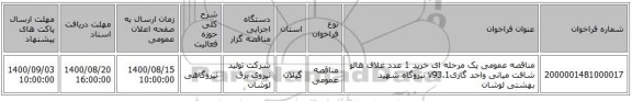 مناقصه عمومی یک مرحله ای خرید 1 عدد غلاف هالو شافت میانی واحد گازیv93.1  نیروگاه شهید بهشتی لوشان