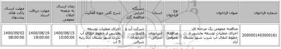 مناقصه عمومی یک مرحله ای اجرای عملیات توسعه بخشی از خطوط انتقال آب شرب شهر بستان آباد