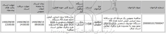مناقصه عمومی یک مرحله ای دو سالانه بدون ارزیابی کیفی اجاره تعداد 45 دستگاه خودروی شخصی با راننده دارای مجوز ورود به محدوده طرح ترافیک مطابق اسناد مناق