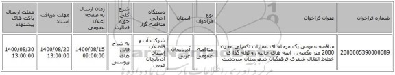 مناقصه عمومی یک مرحله ای عملیات تکمیلی مخزن 2000 متر مکعبی ، ابنیه های جانبی و لوله گذاری خطوط انتقال شهرک فرهنگیان شهرستان سردشت