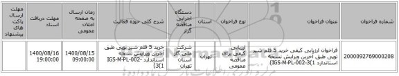 فراخوان ارزیابی کیفی خرید 5 قلم شیر توپی طبق آخرین ویرایش نسخه استاندارد IGS-M-PL-002-3(1)