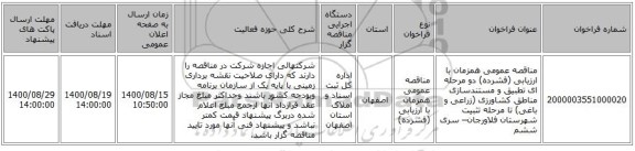 مناقصه عمومی همزمان با ارزیابی (فشرده) دو مرحله ای تطبیق و مستندسازی مناطق کشاورزی (زراعی و باغی) تا مرحله تثبیت شهرستان فلاورجان– سری ششم