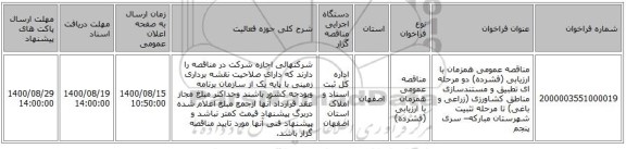 مناقصه عمومی همزمان با ارزیابی (فشرده) دو مرحله ای تطبیق و مستندسازی مناطق کشاورزی (زراعی و باغی) تا مرحله تثبیت شهرستان مبارکه– سری پنجم