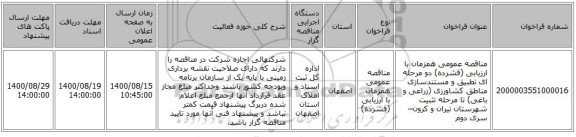 مناقصه عمومی همزمان با ارزیابی (فشرده) دو مرحله ای تطبیق و مستندسازی مناطق کشاورزی (زراعی و باغی) تا مرحله تثبیت شهرستان تیران و کرون– سری دوم
