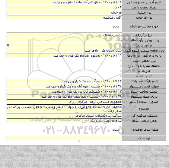 عملیات اجرای شبکه جمع آوری به طول ۲۰۰ متر و  نصب ۵۰۰  فقره انشعاب پراکنده در شهر اراک