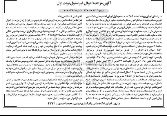 مزایده مزایده ششدانگ یک واحد آپارتمان 65.50 مترمربع نوبت اول