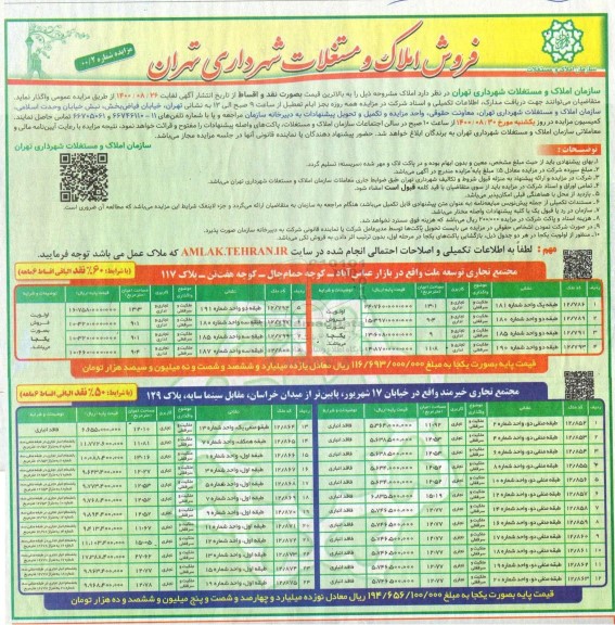 مزایده  مزایده فروش املاک و مستغلات کاربری تجاری و اداری 