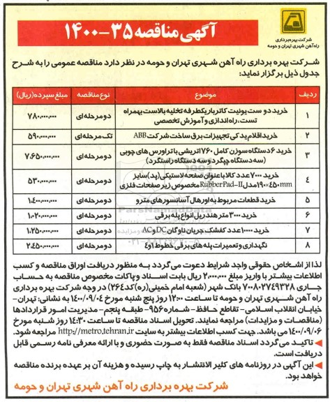 مناقصه خرید دو ست یونیت کاتربار یکطرفه تخلیه بالاست ...