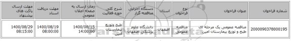 مناقصه عمومی یک مرحله ای طبخ و توزیع بیمارستان امین