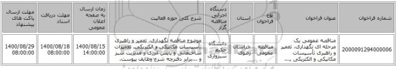 مناقصه عمومی یک مرحله ای نگهداری، تعمیر و راهبری تأسیسات مکانیکی و الکتریکی ,...