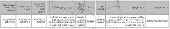 مناقصه عمومی دو مرحله ای خرید ، نصب وراه اندازی دو دستگاه آسانسور نفر بر جهت مرکز سلامت سپاهان شهر و انجام کلیه تعهدات