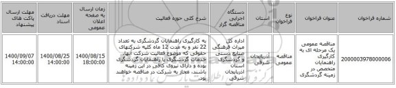 مناقصه عمومی یک مرحله ای به کارگیری راهنمایان متخصص در زمینه گردشگری  