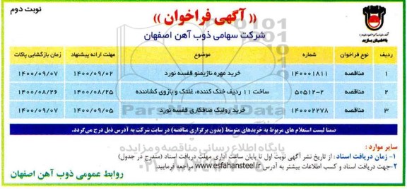مناقصه خرید مهره ناژیمنو قفسه نورد ... - نوبت دوم