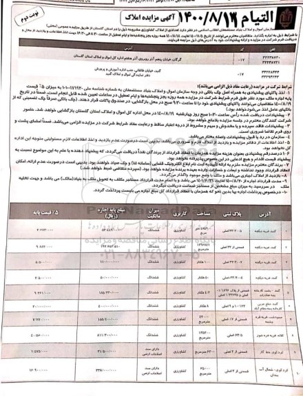 مزایده، مزایده تعدادی از املاک کشاورزی- نوبت دوم 