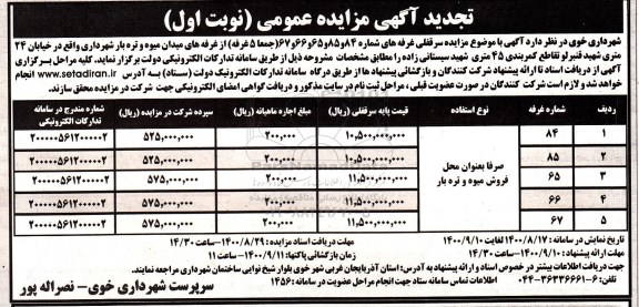 تجدید مزایده،تجدید مزایده سرقفلی غرفه های 1400.8.17