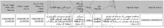 مناقصه عمومی یک مرحله ای انجـام خـدمــات نگهبـانی و حفــاظـت فیزیکی طرح هــای عمرانی شـــرکت آب منطقه ای زنجان