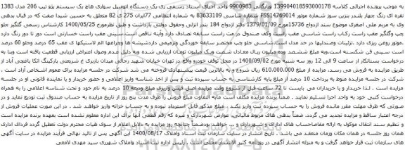 آگهی مزایده یک دستگاه اتومبیل سواری هاچ بک سیستم پژو تیپ 206