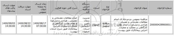 مناقصه عمومی دو مرحله ای انجام مطالعات مقدماتی و تفصیلی ، طراحی و مشاوره و انجام نظارت کارگاهی بر عملکرد و عملیات اجرایی پیمانکاران طبق پیوست