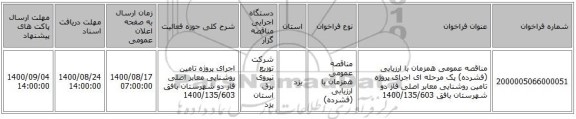 مناقصه عمومی همزمان با ارزیابی (فشرده) یک مرحله ای اجرای پروژه تامین روشنایی معابر اصلی فاز دو شهرستان بافق 1400/135/603