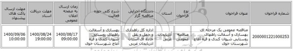 مناقصه عمومی یک مرحله ای بهسازی و آسفالت راههای روستایی شیوان کندی و قره آغاج شهرستان خوی 