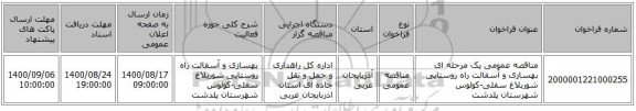 مناقصه عمومی یک مرحله ای بهسازی و آسفالت راه روستایی شوربلاغ سفلی-کولوس شهرستان پلدشت ‏‏‏‏