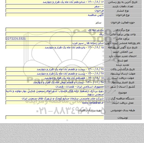 بهره  برداری  ازتصفیه خانه های  فاضلاب شهرکهای صنعتی غذایی بهار،نهاوند و ناحیه صنعتی سهند