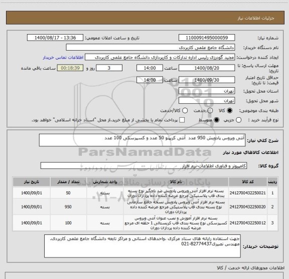 استعلام آنتی ویروس پادویش 950 عدد  آنتی کریپتو 50 عدد و کسپرسکی 100 عدد