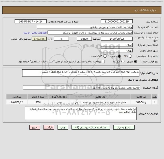 استعلام پذیرایی انواع غذا وچلوکباب (ماست,نوشابه یا دوغ,سوپ و دورچین ) انواع میوه فصل و شیرنی