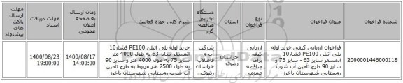 فراخوان ارزیابی کیفی خرید لوله پلی اتیلن PE100 فشار10 اتمسفر سایز 63 - سایز 75  و سایز 90 طرح تآمین آب شرب روستایی شهرستان باخرز