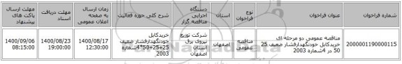 مناقصه عمومی دو مرحله ای خریدکابل خودنگهدارفشار ضعیف 25  50 در 4شماره 2003