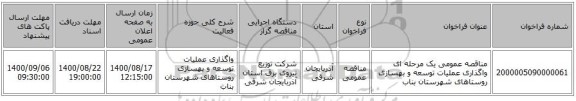مناقصه عمومی یک مرحله ای واگذاری عملیات توسعه و بهسازی روستاهای شهرستان بناب