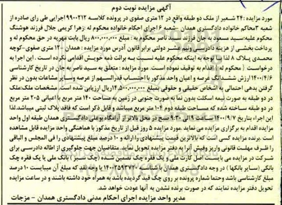 مزایده مزایده ملک زمین مساحت 140 مترمربع نوبت دوم 